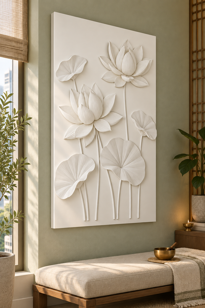 Twin Lotus Pond Corian wall panel, left view in a Mumbai meditation nook, showing its satin white shallow relief.