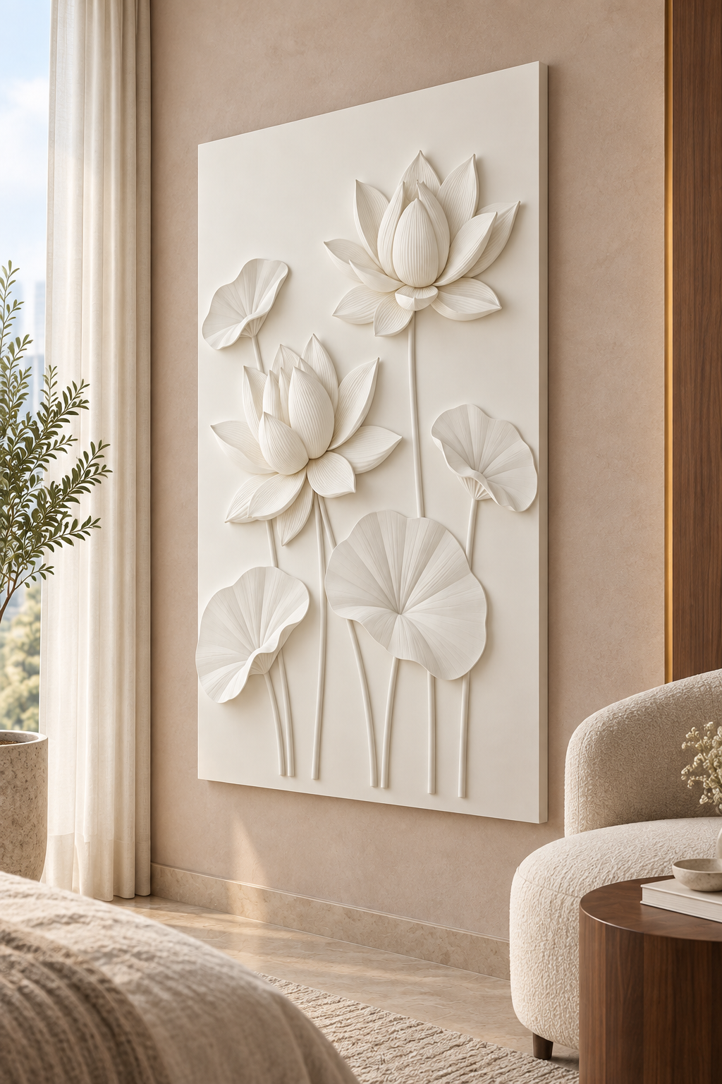 Twin Lotus Pond Corian wall panel, right view in a Mumbai bedroom lounge, showing its satin white shallow relief.