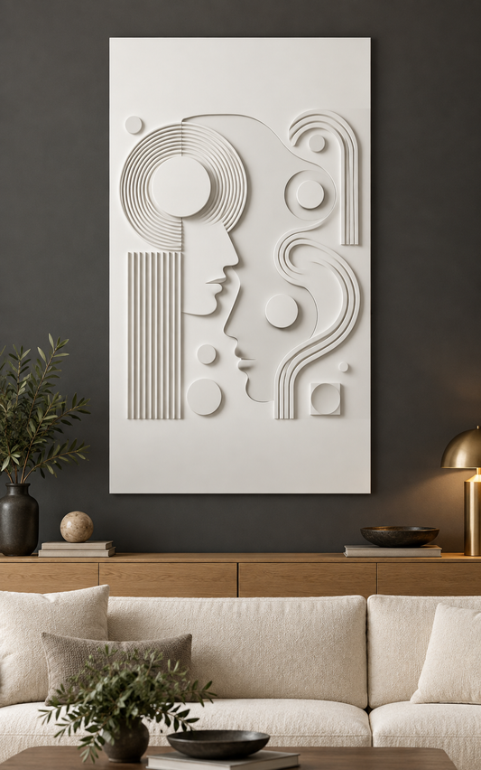 Twin Profile Orbit Corian wall panel, front view in a Mumbai living room with a charcoal wall, cream sofa and low oak console.