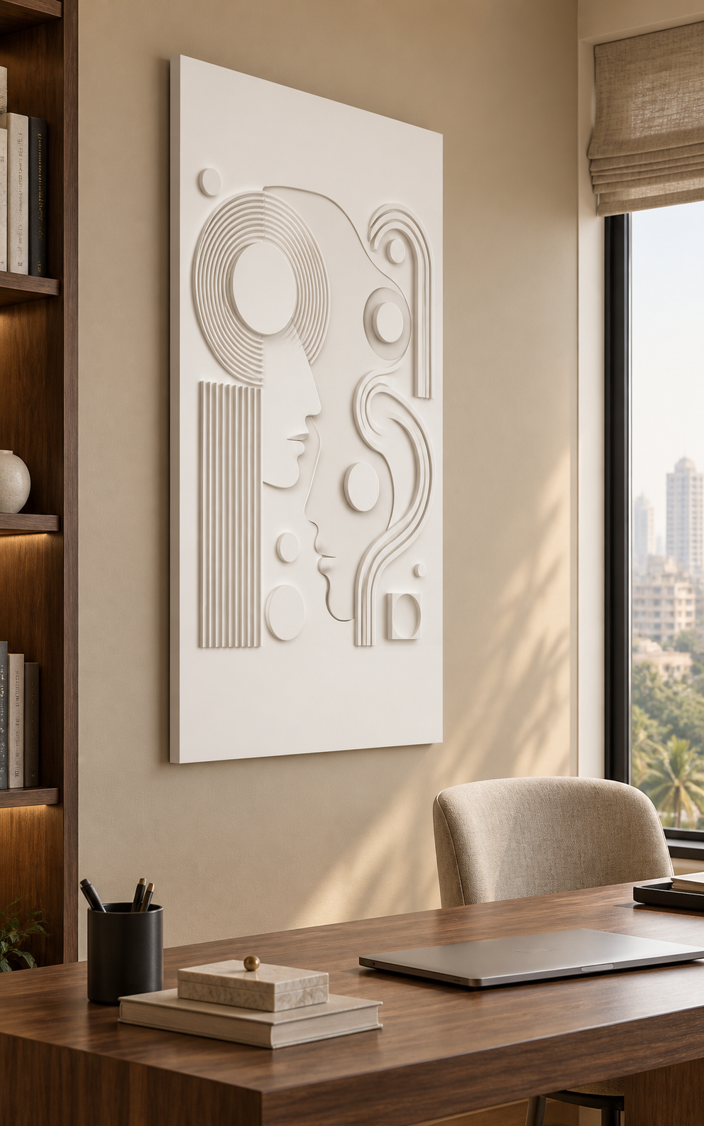 Twin Profile Orbit Corian wall panel, left view in a Mumbai home office with a warm beige wall, walnut desk and linen chair.
