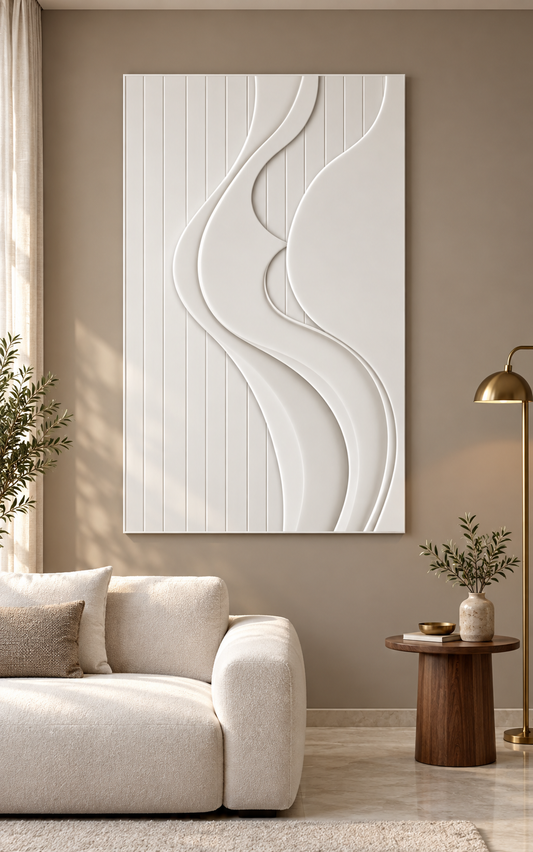 Twin Ribbon Cadence satin white Corian wall panel, front view in a mushroom-toned Mumbai living room with an ivory sofa.