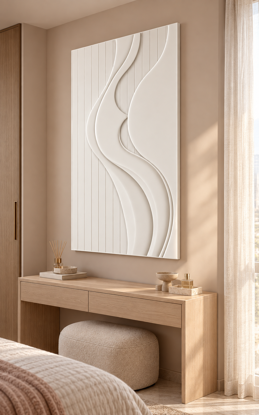 Twin Ribbon Cadence satin white Corian wall panel, right view in a blush-beige Mumbai bedroom dressing alcove with an oak console.