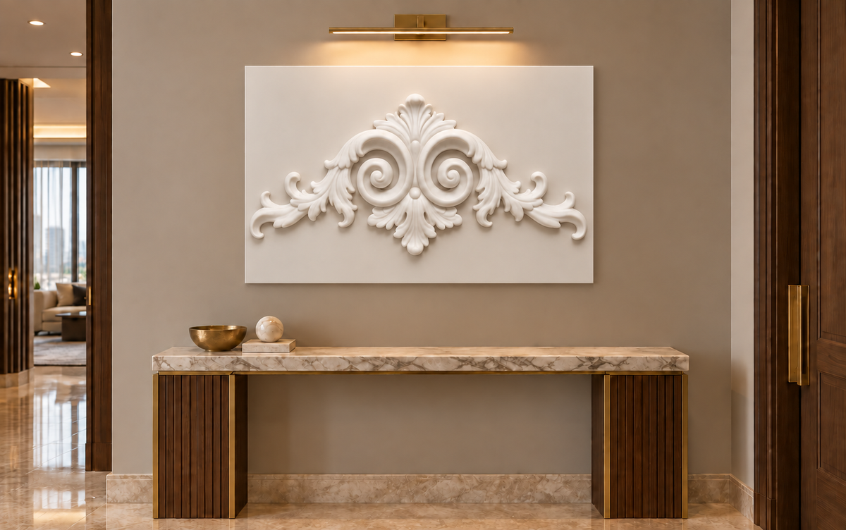 Twin Scroll Acanthus Crest Corian Wall Panel CWP-437, front view in a luxury Mumbai formal entrance foyer; white Corian relief concept visualisation