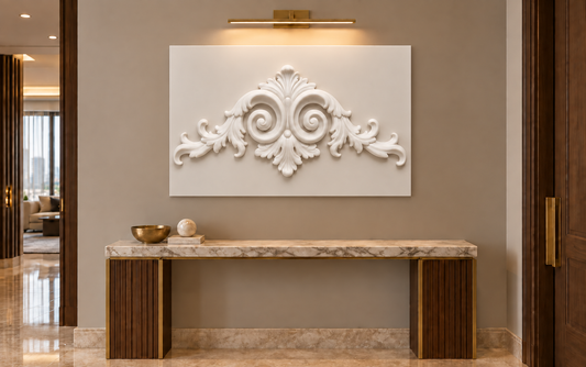 Twin Scroll Acanthus Crest Corian Wall Panel CWP-437, front view in a luxury Mumbai formal entrance foyer; white Corian relief concept visualisation