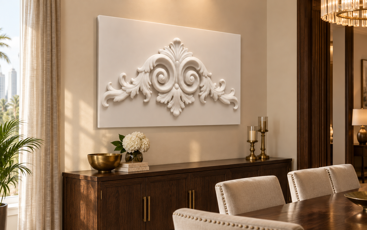 Twin Scroll Acanthus Crest Corian Wall Panel CWP-437, left view in a luxury Mumbai classic dining room; white Corian relief concept visualisation