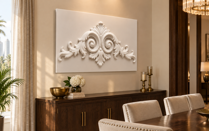 Twin Scroll Acanthus Crest Corian Wall Panel CWP-437, left view in a luxury Mumbai classic dining room; white Corian relief concept visualisation