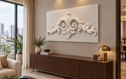 Twin Scroll Acanthus Crest Corian Wall Panel CWP-437, right view in a luxury Mumbai living room sideboard wall; white Corian relief concept visualisation