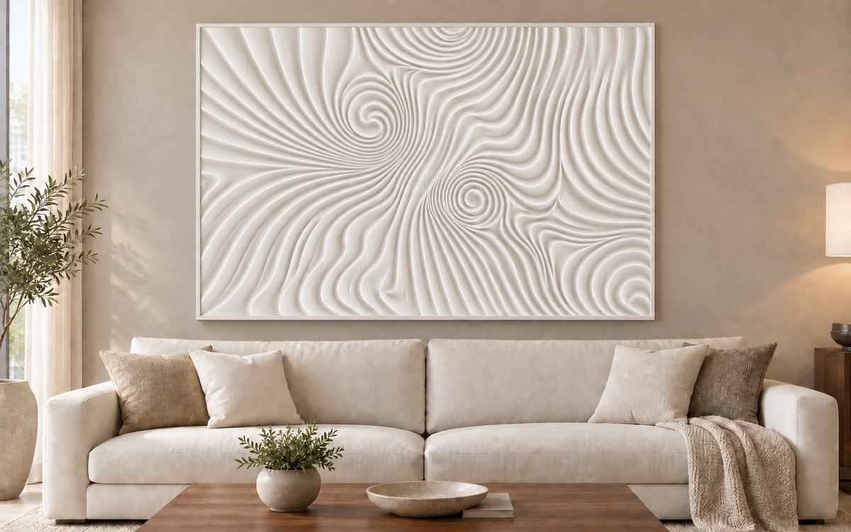 Twin Vortex Current Corian wall panel, 4 x 2.5 ft, front view in contemporary living room, 12–24 mm total depth