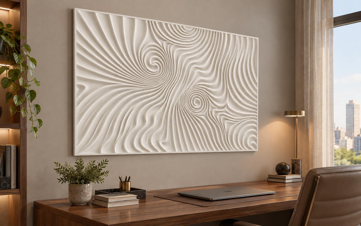 Twin Vortex Current Corian wall panel, 4 x 2.5 ft, left view in home office, 12–24 mm total depth