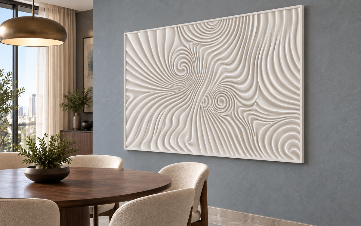 Twin Vortex Current Corian wall panel, 4 x 2.5 ft, right view in dining lounge, 12–24 mm total depth