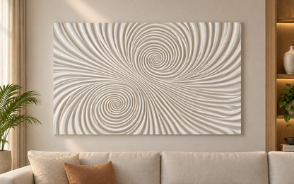 Twin Vortex Ribs Corian wall panel, front view in a Mumbai modern living room; AI-assisted concept visualisation