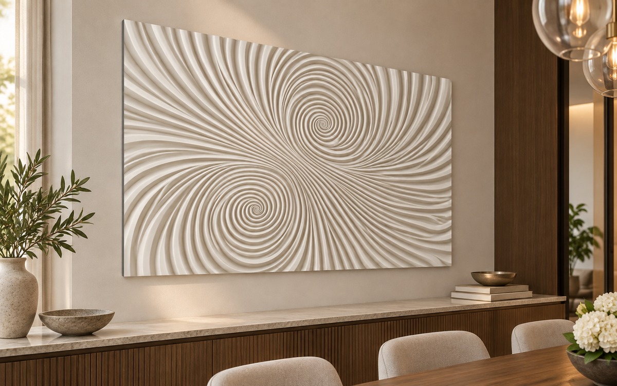 Twin Vortex Ribs Corian wall panel, left view in a Mumbai dining room sideboard wall; AI-assisted concept visualisation