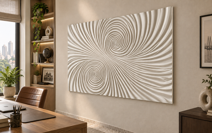 Twin Vortex Ribs Corian wall panel, right view in a Mumbai home study; AI-assisted concept visualisation