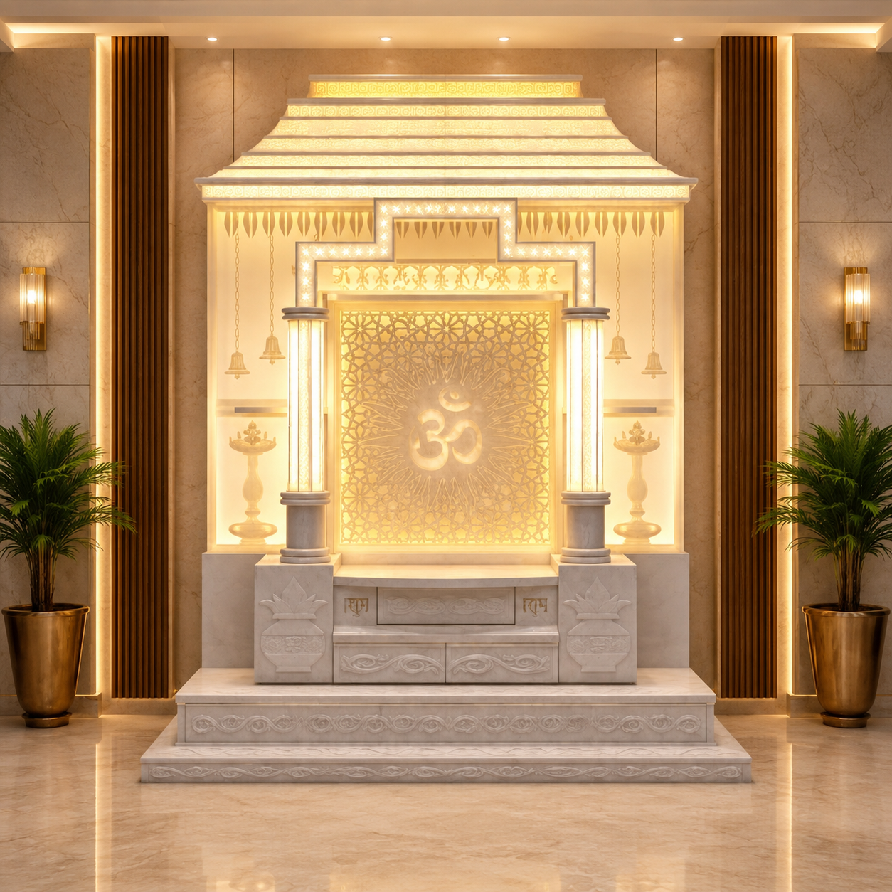 Ultra luxurious Corian mandir with Gopuram, 12-sided backlit pillars, unique arc design and separate ramp platform by Satguru Creations Mumbai