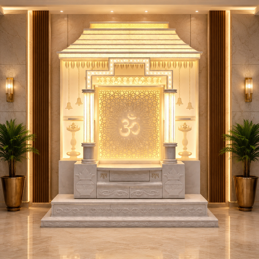Ultra luxurious Corian mandir with Gopuram, 12-sided backlit pillars, unique arc design and separate ramp platform by Satguru Creations Mumbai