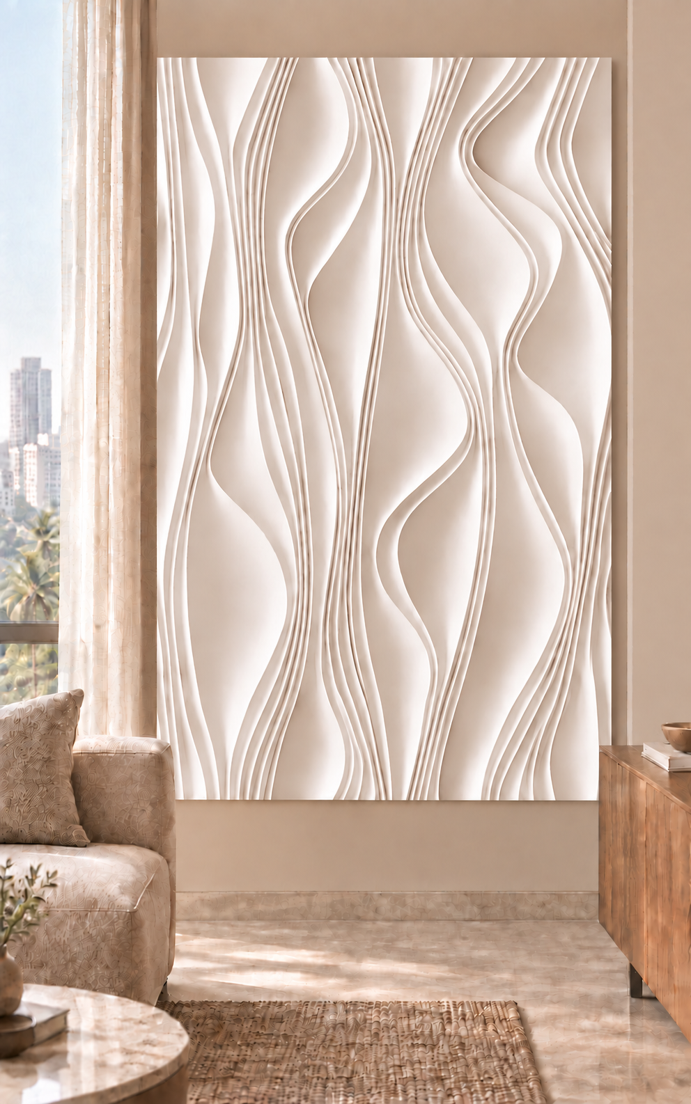 Undulating Rib Drift Corian wall panel, front view in a Mumbai minimal living room; AI-assisted concept visualisation