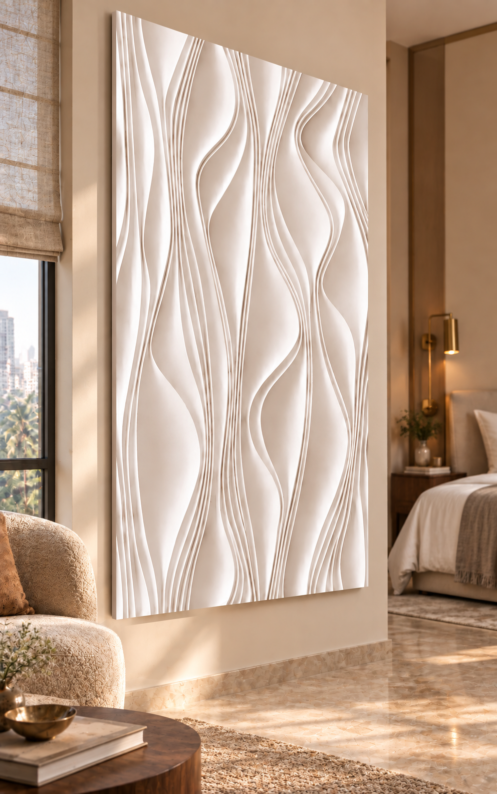 Undulating Rib Drift Corian wall panel, left view in a Mumbai bedroom seating corner; AI-assisted concept visualisation