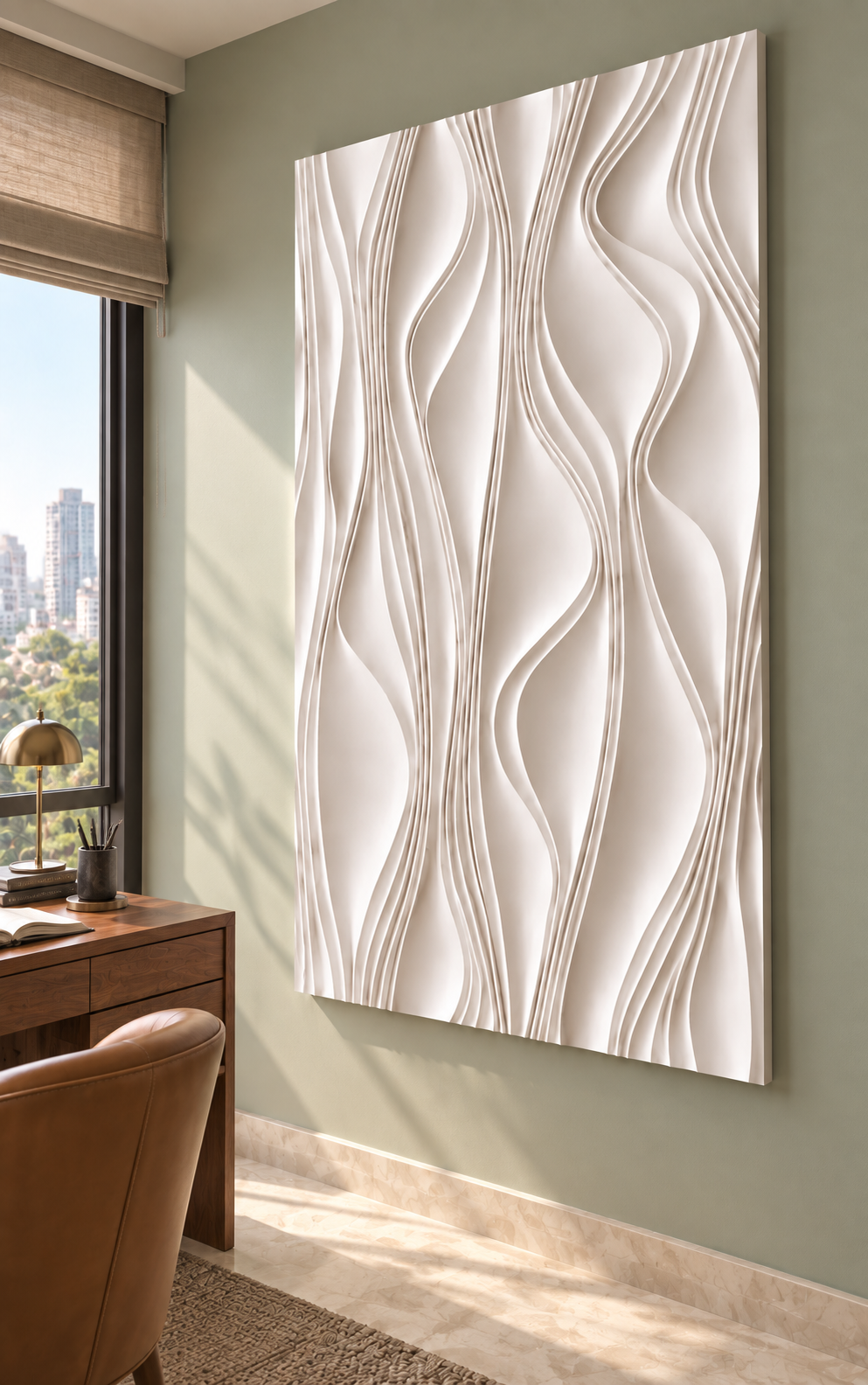 Undulating Rib Drift Corian wall panel, right view in a Mumbai home study; AI-assisted concept visualisation
