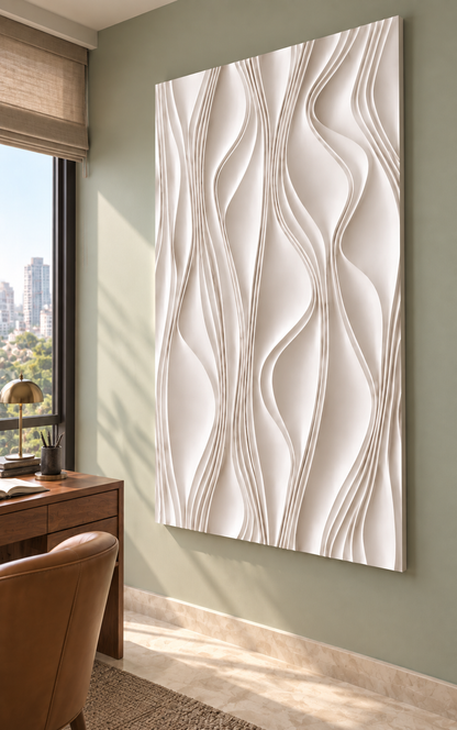 Undulating Rib Drift Corian wall panel, right view in a Mumbai home study; AI-assisted concept visualisation