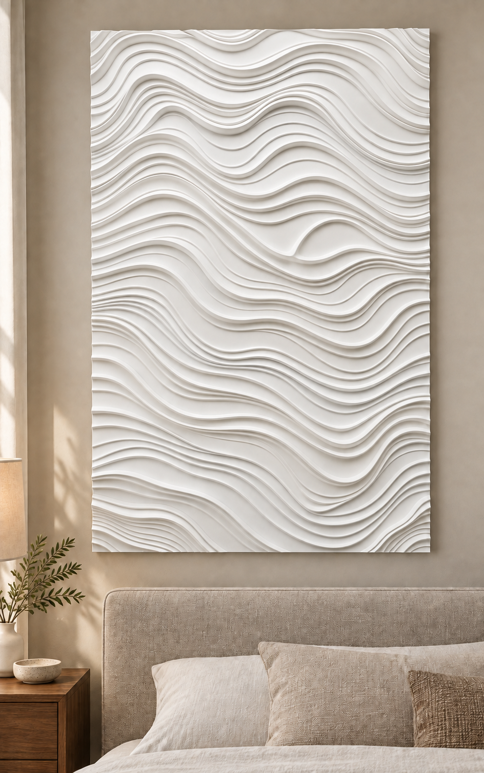 Undulating Tide Corian wall panel, front view in a Mumbai bedroom feature wall; AI-assisted concept visualisation