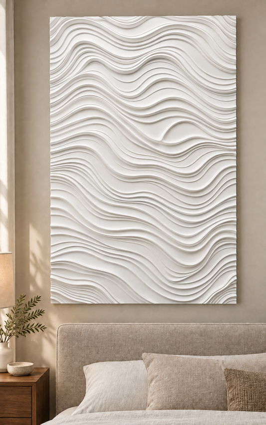 Undulating Tide Corian wall panel, front view in a Mumbai bedroom feature wall; AI-assisted concept visualisation