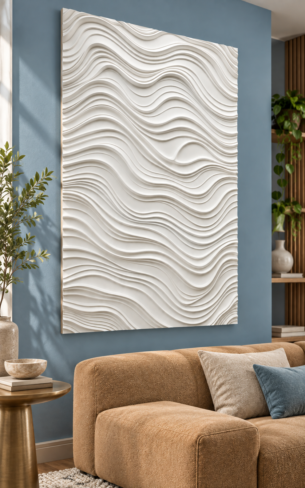 Undulating Tide Corian wall panel, left view in a Mumbai family living room; AI-assisted concept visualisation
