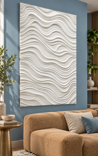Undulating Tide Corian wall panel, left view in a Mumbai family living room; AI-assisted concept visualisation