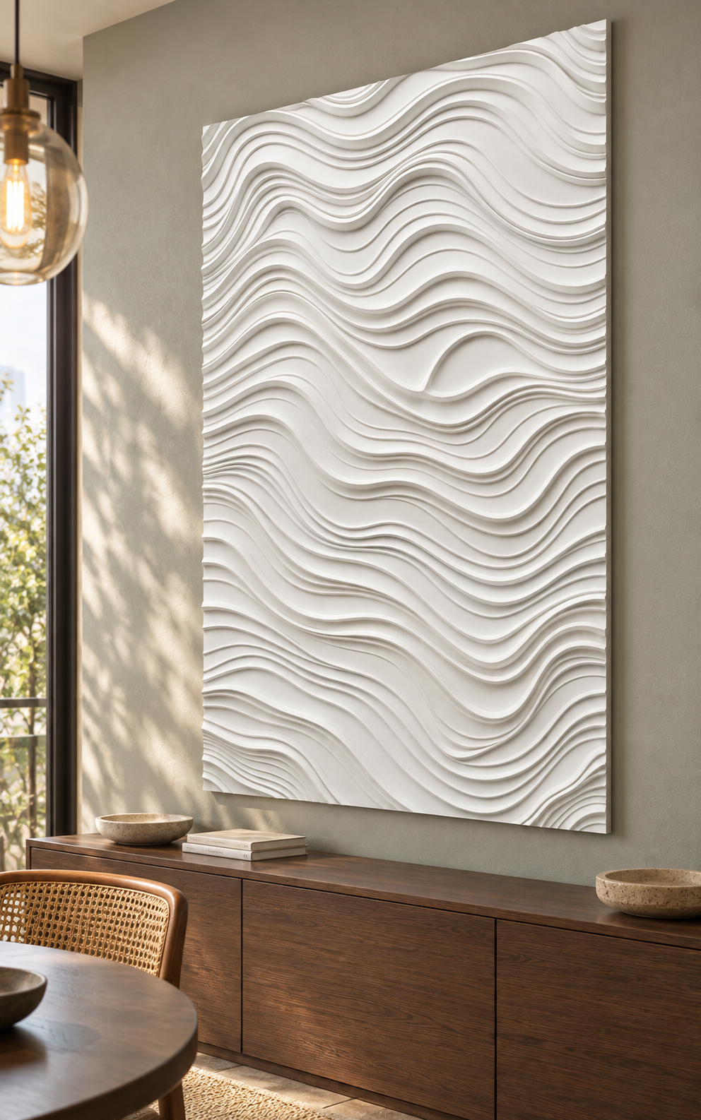 Undulating Tide Corian wall panel, right view in a Mumbai dining room sideboard wall; AI-assisted concept visualisation
