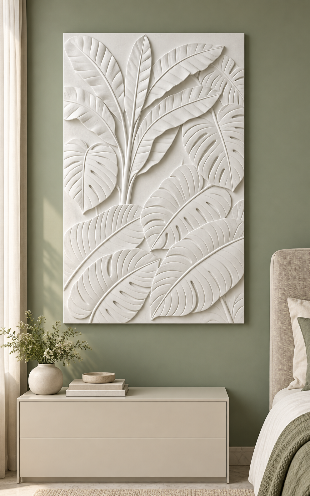 Upright Canopy Leaf Weave Corian wall panel, front view in a Powai bedroom