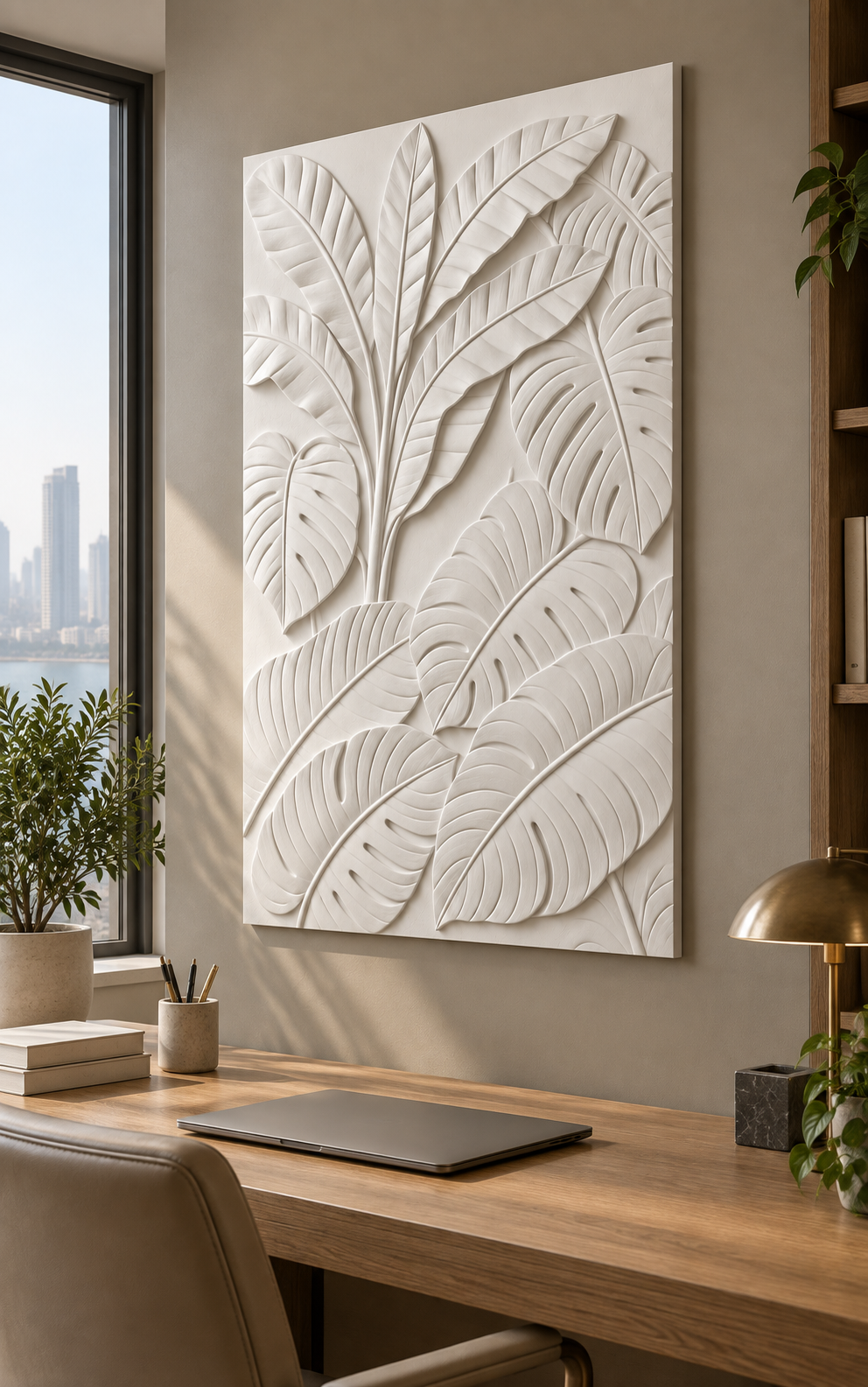 Upright Canopy Leaf Weave Corian wall panel, right view in a Worli home study