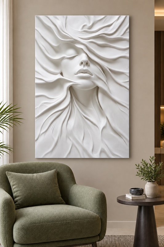 CWP-643 Veiled Face Flow Corian Wall Panel, 2.5 ft wide x 4 ft high, front view in a Mumbai lounge; AI-assisted concept visualisation