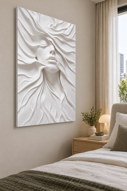 CWP-643 Veiled Face Flow Corian Wall Panel, 2.5 ft wide x 4 ft high, left view in a Mumbai bedroom; AI-assisted concept visualisation