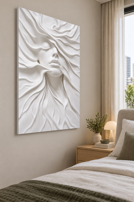 CWP-643 Veiled Face Flow Corian Wall Panel, 2.5 ft wide x 4 ft high, left view in a Mumbai bedroom; AI-assisted concept visualisation