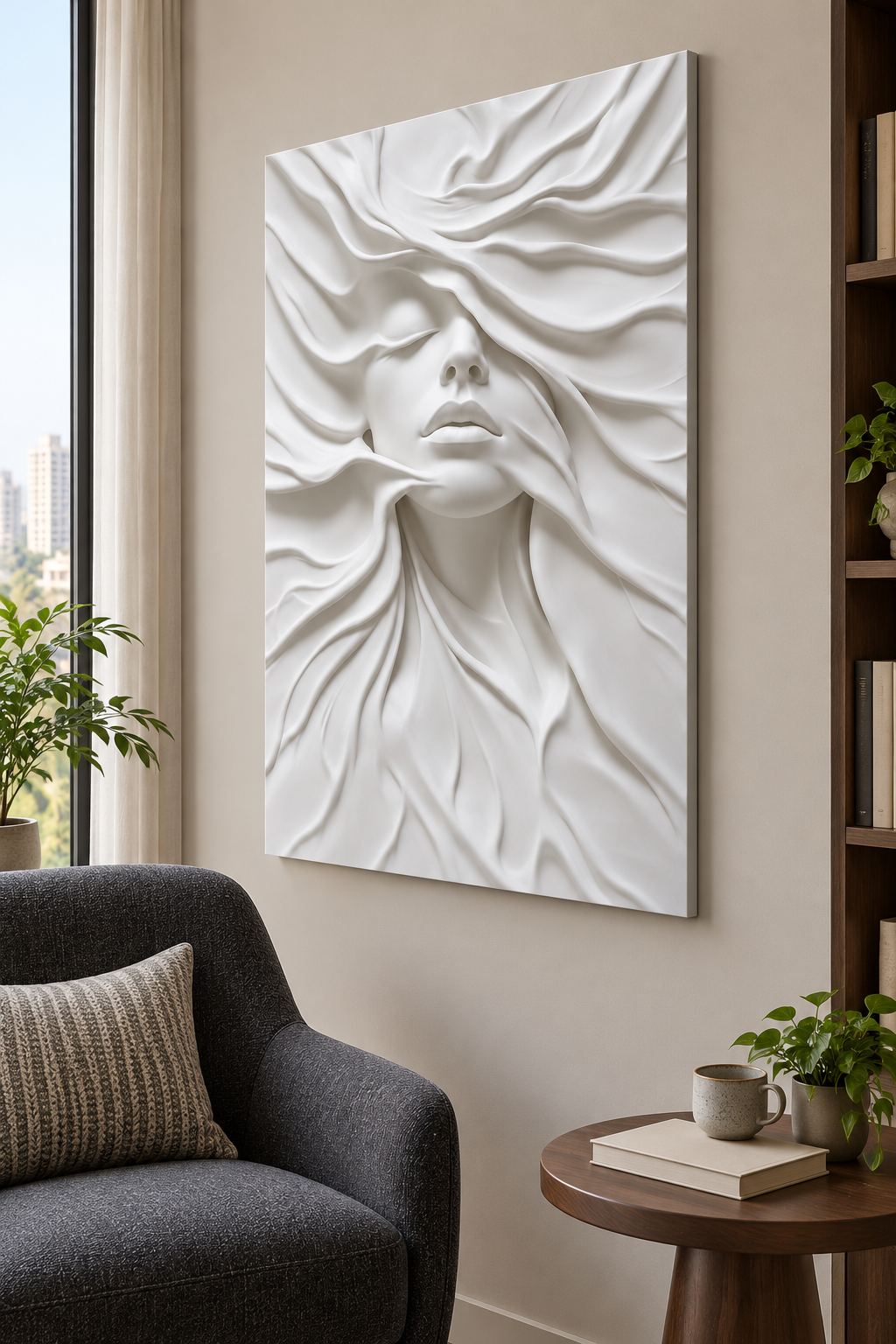 CWP-643 Veiled Face Flow Corian Wall Panel, 2.5 ft wide x 4 ft high, right view in a Mumbai reading corner; AI-assisted concept visualisation