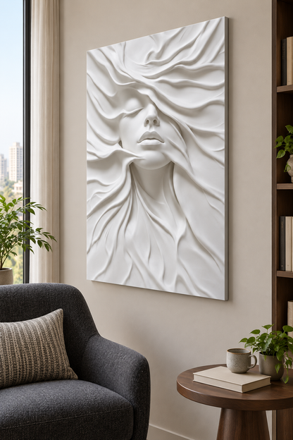 CWP-643 Veiled Face Flow Corian Wall Panel, 2.5 ft wide x 4 ft high, right view in a Mumbai reading corner; AI-assisted concept visualisation