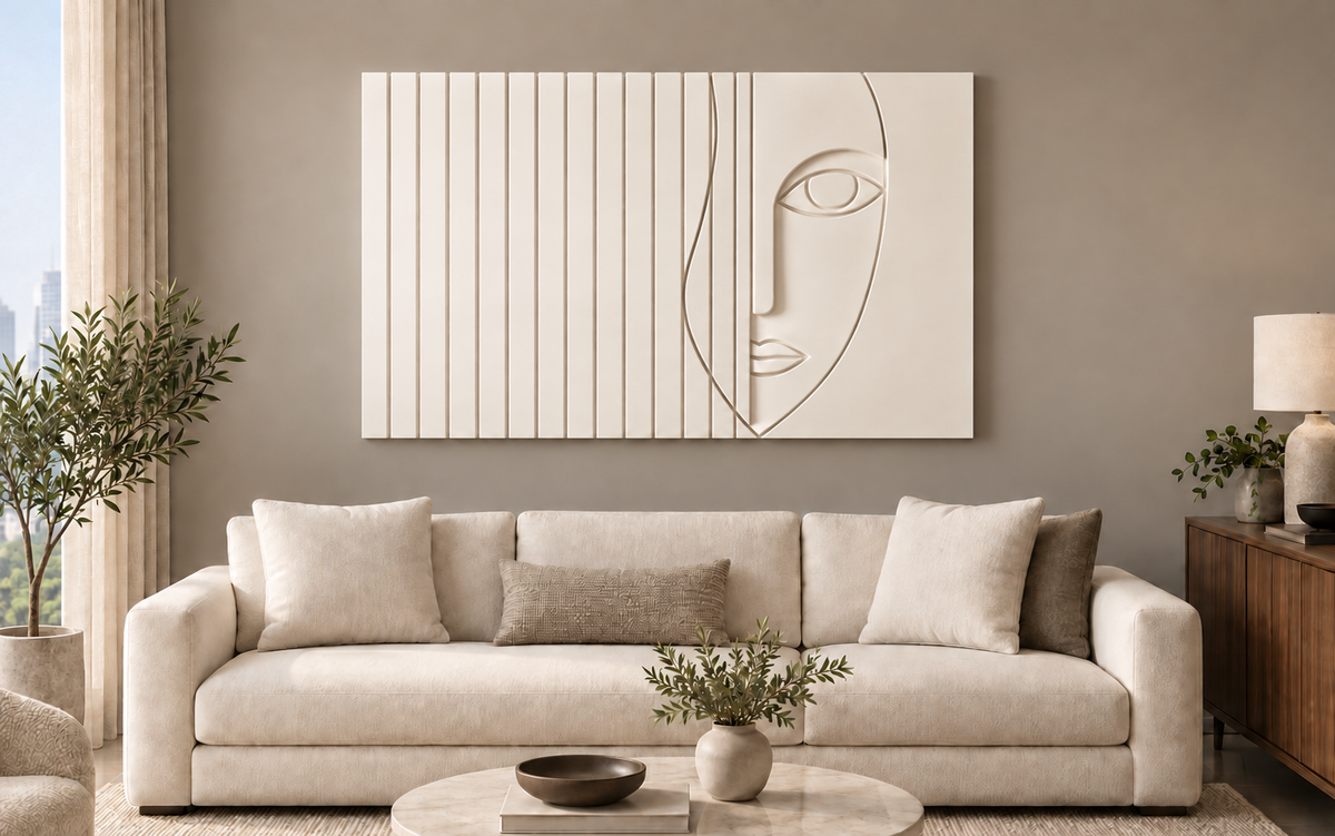Veiled Line Portrait Corian wall panel, front view in a Mumbai living room sofa wall; AI-assisted concept visualisation