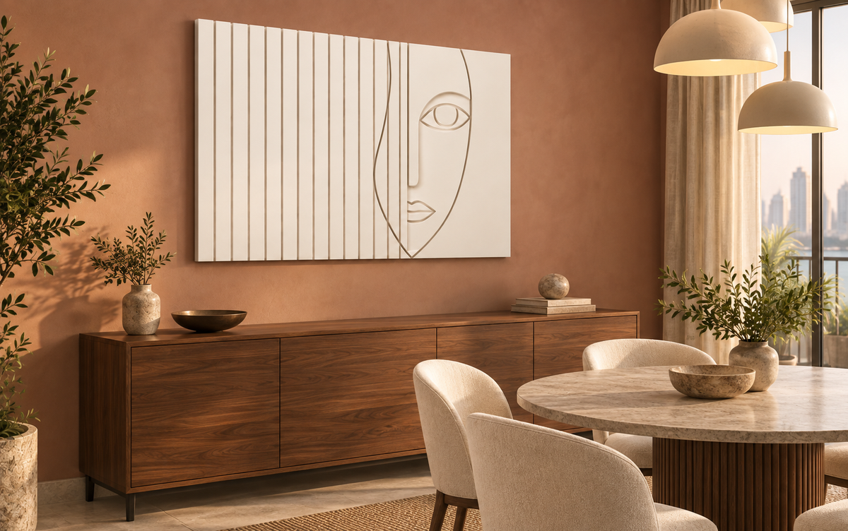 Veiled Line Portrait Corian wall panel, left view in a Mumbai dining room sideboard wall; AI-assisted concept visualisation