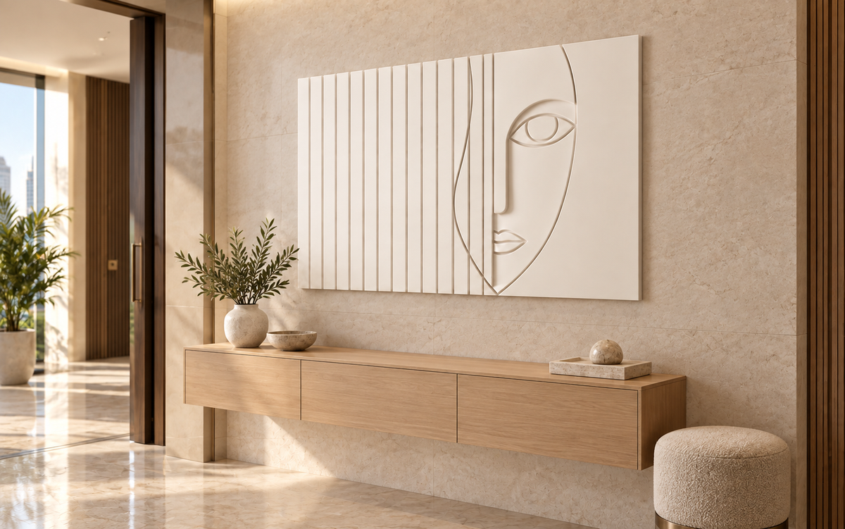 Veiled Line Portrait Corian wall panel, right view in a Mumbai entrance reception wall; AI-assisted concept visualisation