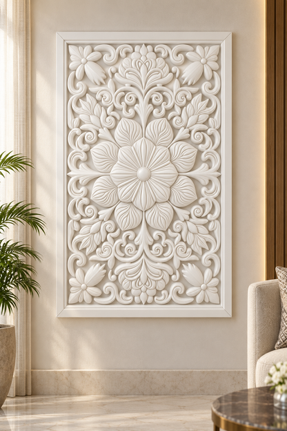 Veined Bloom Garden Crest Corian wall panel, front view on a formal sitting room wall in a Mumbai home; AI-assisted concept visualisation