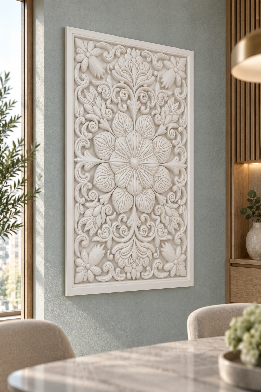 Veined Bloom Garden Crest Corian wall panel, left view on a dining room feature wall in a Mumbai home; AI-assisted concept visualisation