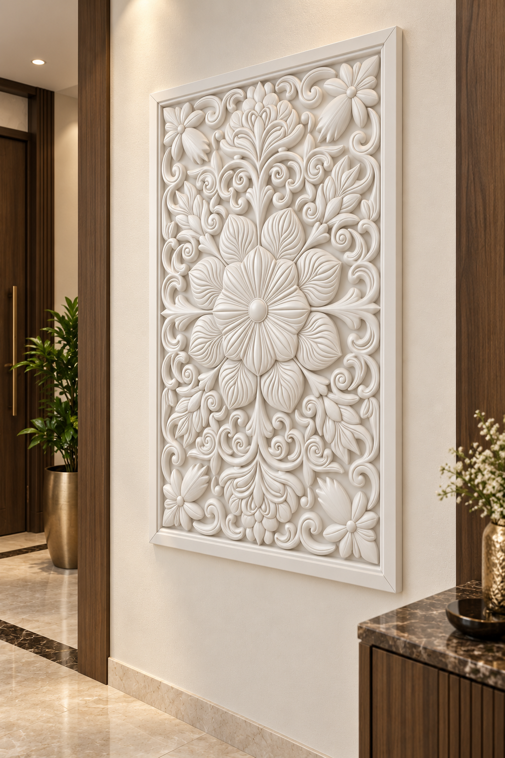 Veined Bloom Garden Crest Corian wall panel, right view on an entrance reception wall in a Mumbai home; AI-assisted concept visualisation