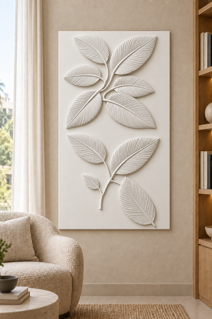 Veined Leaf Branches Corian wall panel, front view in a Bandra apartment reading nook