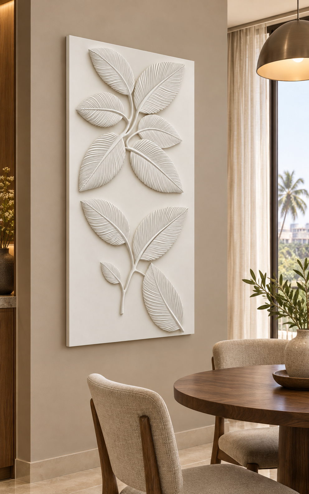 Veined Leaf Branches Corian wall panel, left view in a Juhu apartment dining corner