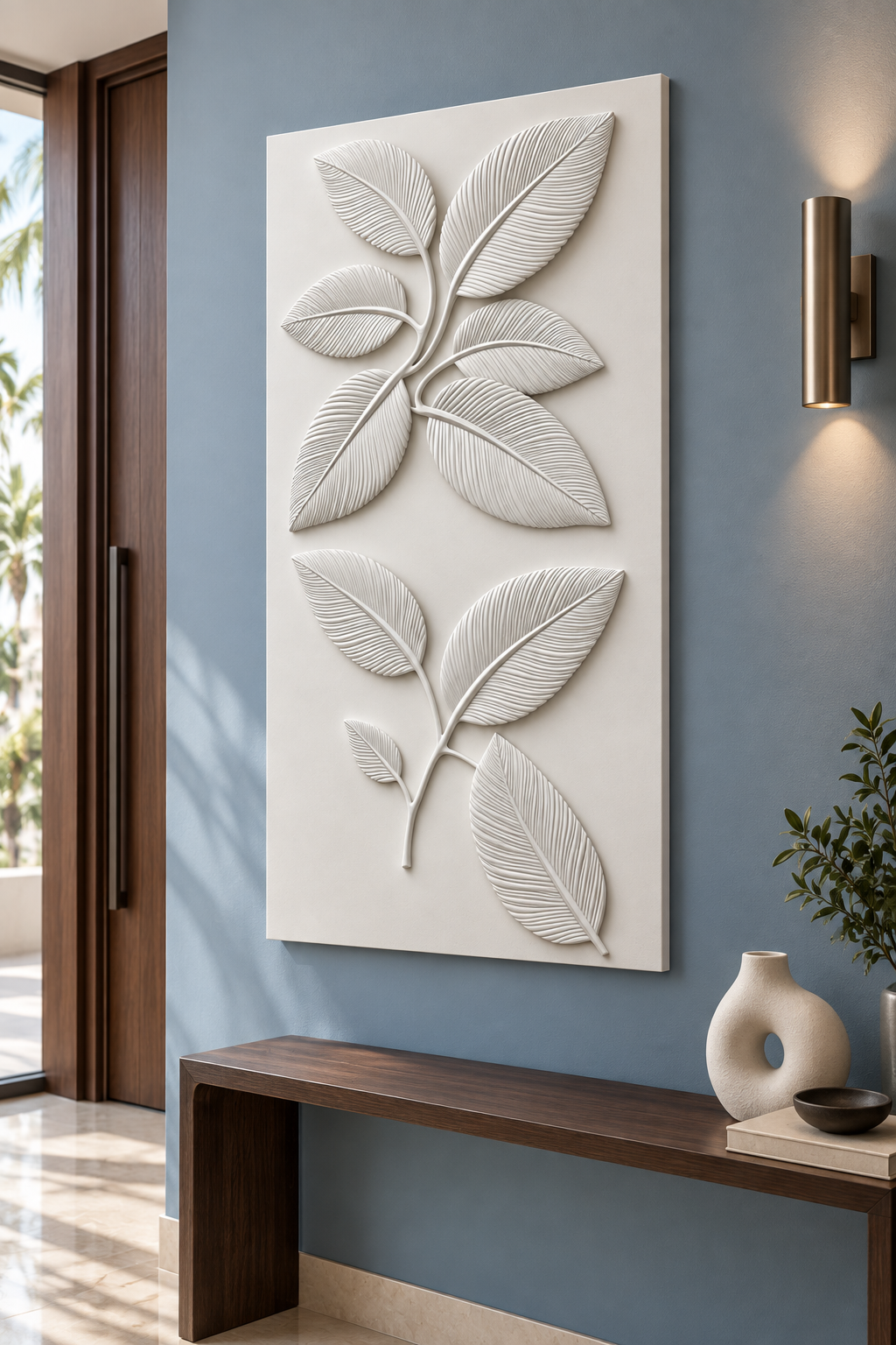 Veined Leaf Branches Corian wall panel, right view in a Worli apartment entrance foyer