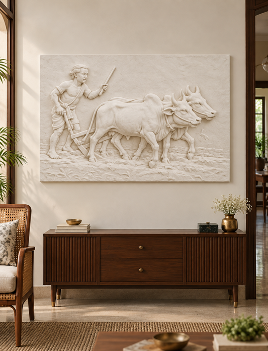 Village Plough Tableau Corian wall panel, front view in a Dadar heritage apartment living room, horizontal 4 ft by 2.5 ft with no added plain border strips