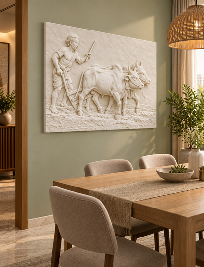 Village Plough Tableau Corian wall panel, left view in a Chembur apartment dining alcove, horizontal 4 ft by 2.5 ft with no added plain border strips