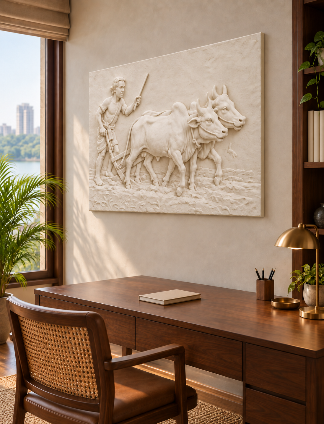 Village Plough Tableau Corian wall panel, right view in a Powai home study, horizontal 4 ft by 2.5 ft with no added plain border strips
