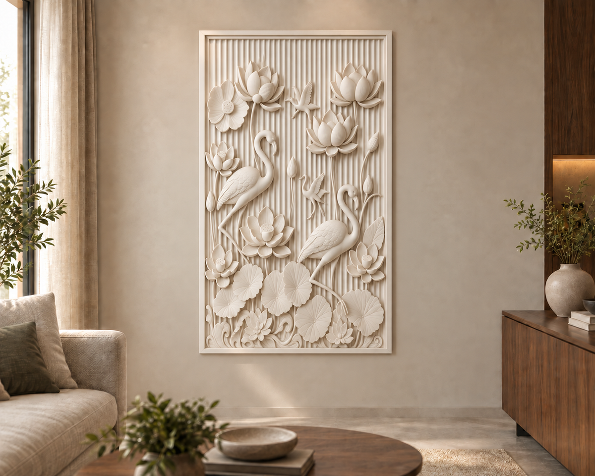 Wading Birds in the Lotus Grove Corian wall panel, 2.5 x 4 ft, front view in living room, 12–24 mm total depth