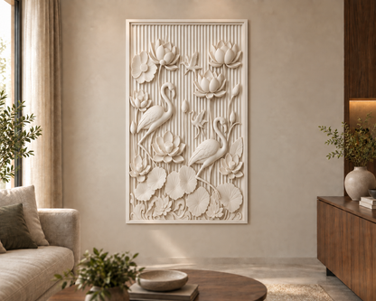 Wading Birds in the Lotus Grove Corian wall panel, 2.5 x 4 ft, front view in living room, 12–24 mm total depth
