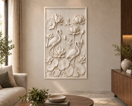 Wading Birds in the Lotus Grove Corian wall panel, 2.5 x 4 ft, front view in living room, 12–24 mm total depth